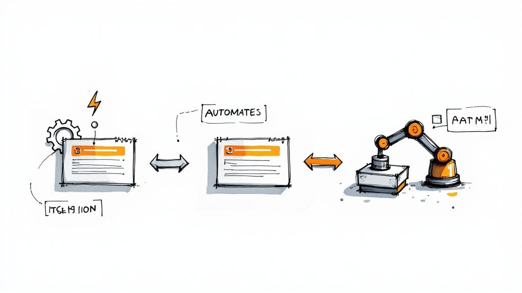 A hand-drawn diagram illustrating a workflow from task initiation to automated action by a robotic arm.