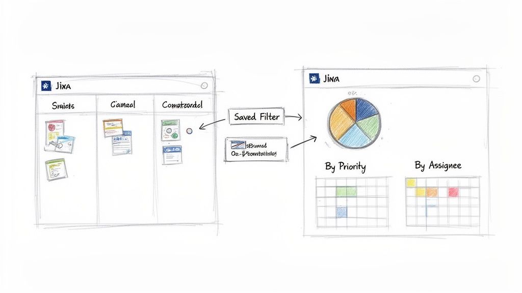 Jira-like workflow showing how a saved filter transforms a kanban board into a dashboard report.