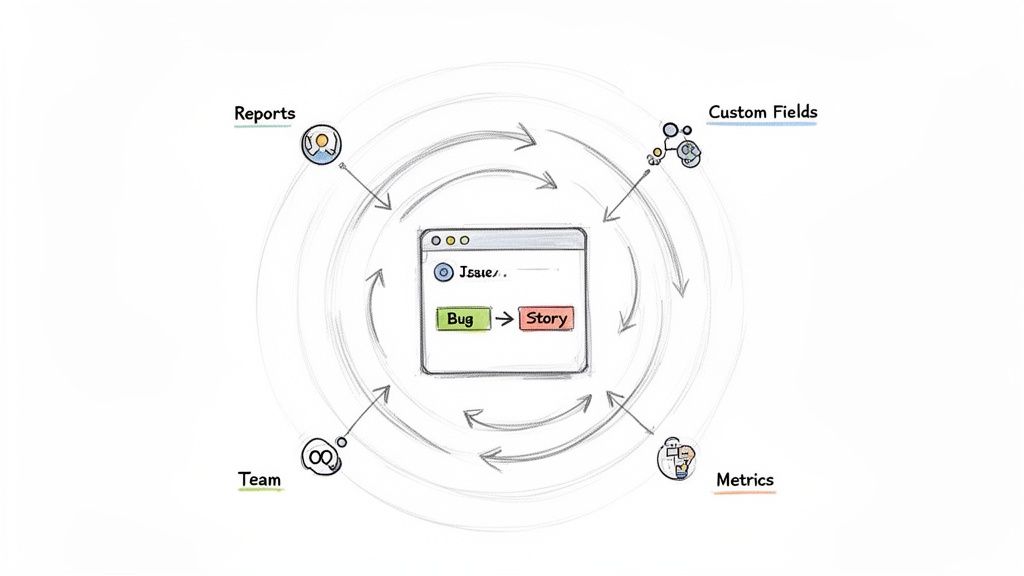 A diagram illustrating issue type change from Bug to Story within a workflow involving reports, custom fields, metrics, and team.