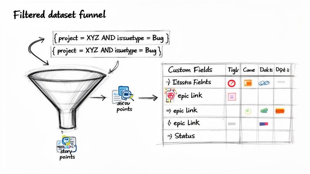 Diagram illustrating a filtered dataset funnel processing JQL queries for custom fields and story points.