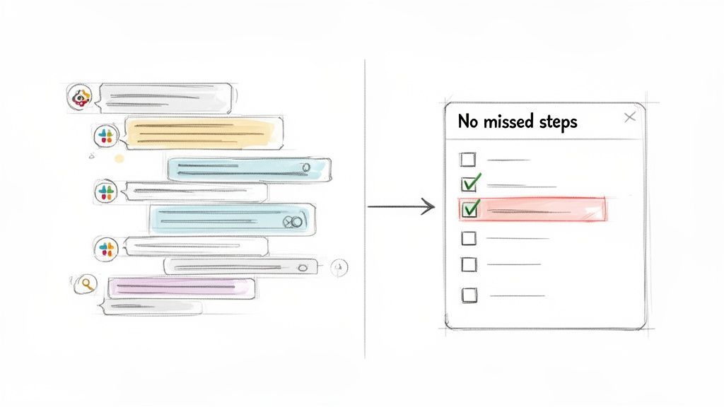 A series of chat messages transforming into a structured checklist titled 'No missed steps' with items checked.