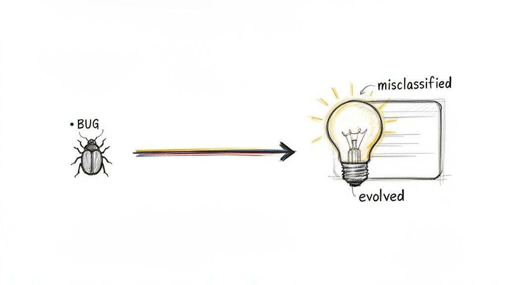 A drawing illustrating a bug evolving into a misclassified idea, suggesting an issue type change.