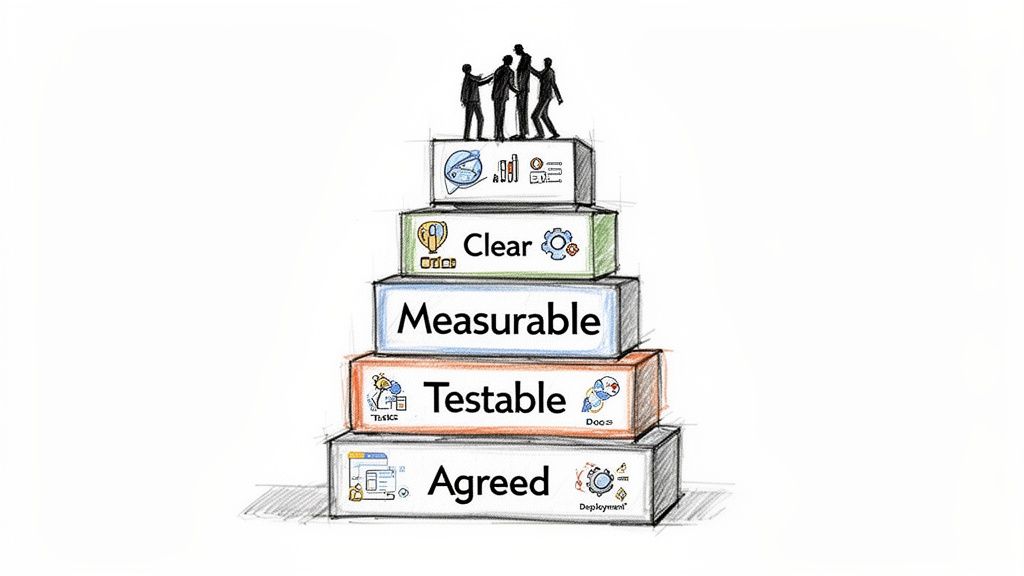 A pyramid of criteria blocks: Agreed, Testable, Measurable, Clear, with people on top.