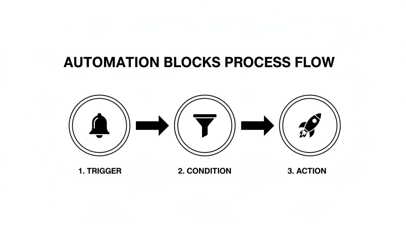 A diagram illustrating the automation process flow: Trigger (bell), Condition (filter), and Action (rocket).