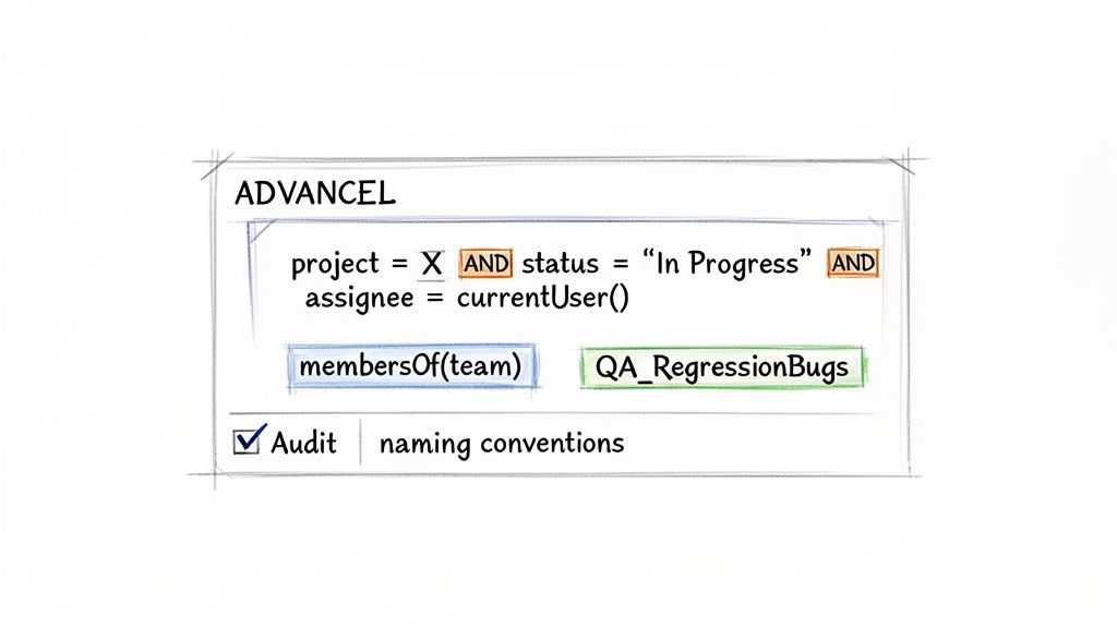 Conceptual diagram of an advanced filter interface, showing query conditions like project, status, assignee, and additional settings.