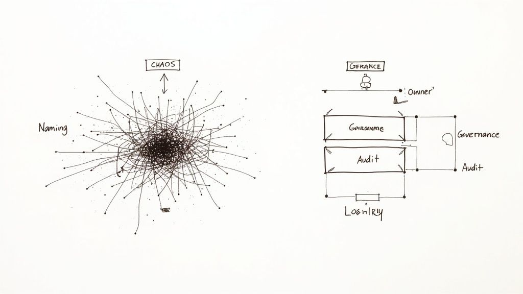 Hand-drawn diagrams illustrating the contrast between chaotic naming and structured governance and audit workflows.
