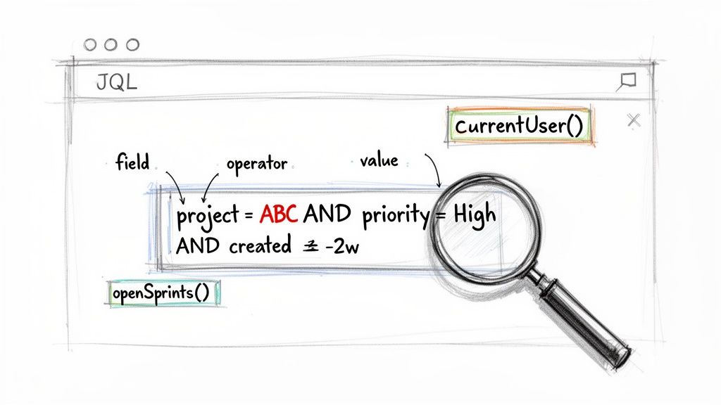 JQL query example demonstrating fields, operators, and values, with a magnifying glass highlighting part.