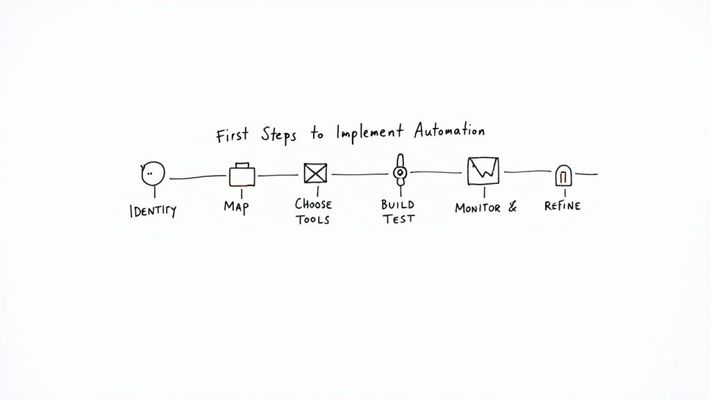 A whiteboard flowchart outlining the six first steps to implement automation.