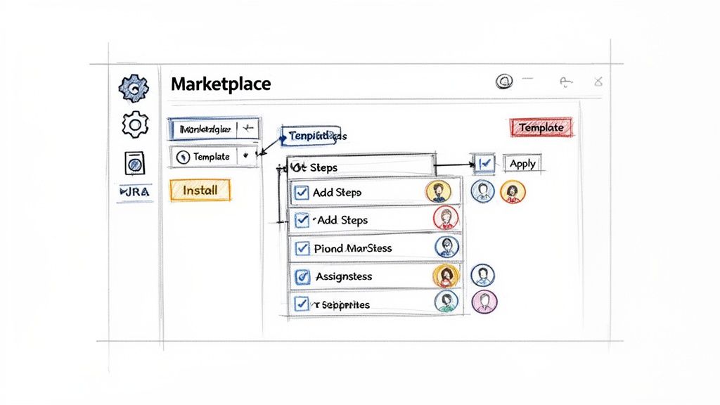 A wireframe sketch of a JIRA-like marketplace application for managing checklist templates and steps.