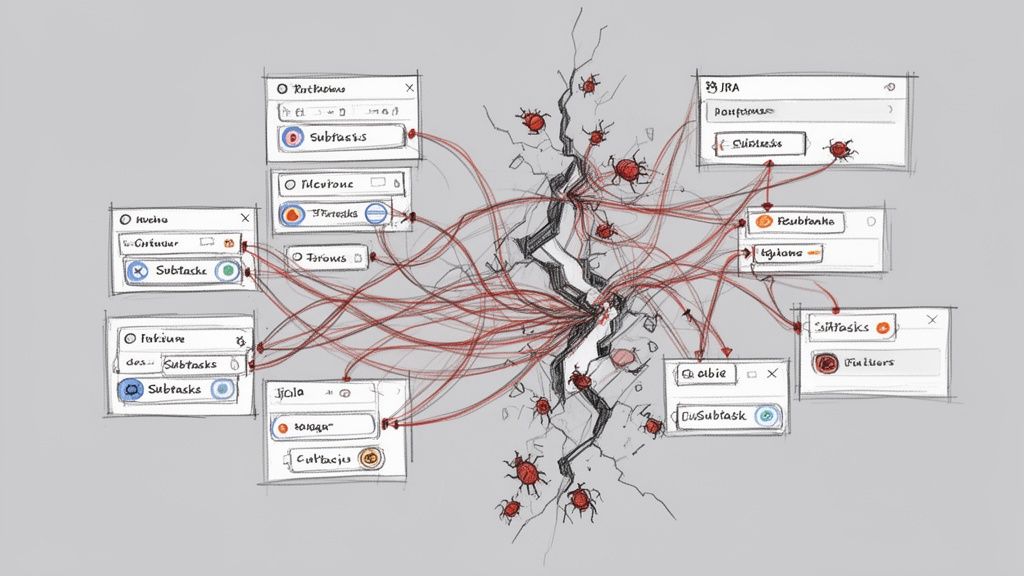 A visual metaphor showing interconnected software modules, with red lines and bugs emerging from a central system crack.