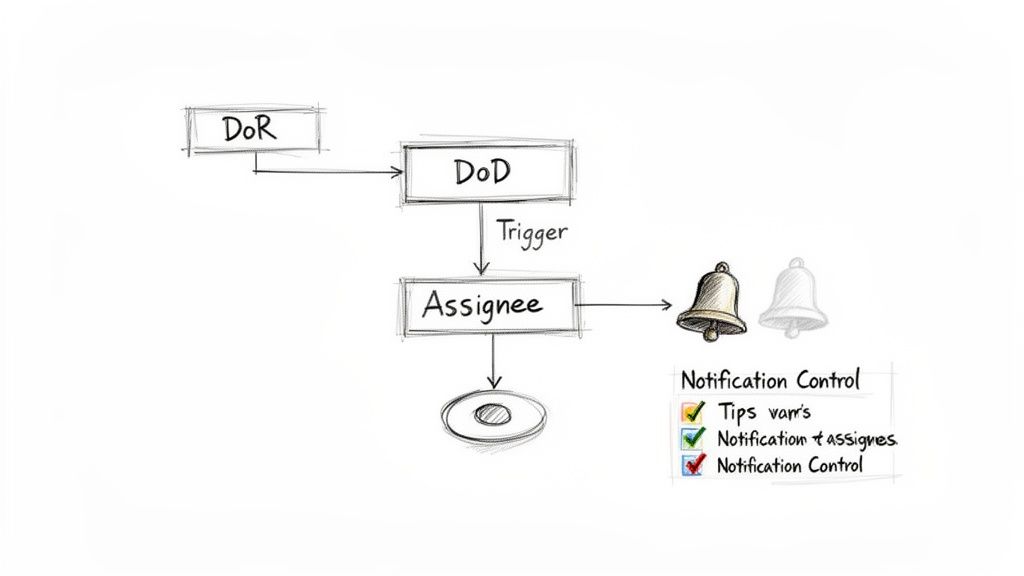 A hand-drawn diagram illustrating a process flow from DoR to DoD to Assignee, with notification controls.