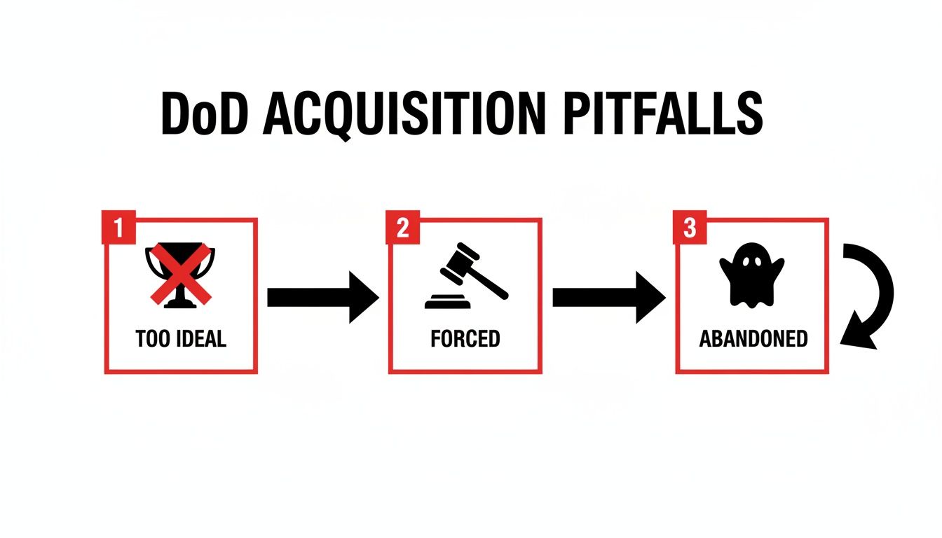 A flowchart illustrating DoD acquisition pitfalls: Too Ideal, Forced, then Abandoned, in a cycle.