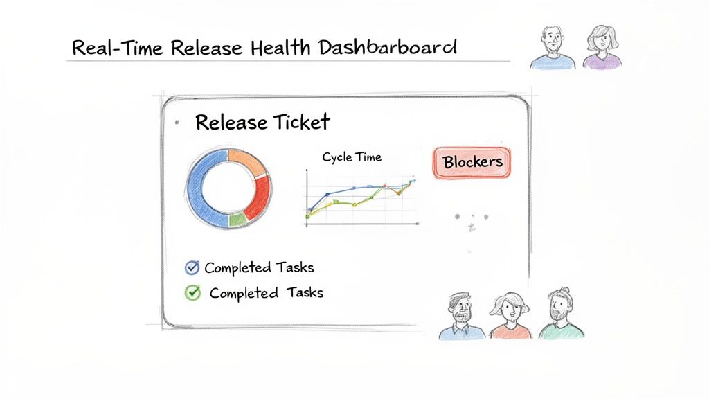 A real-time release health dashboard showing a release ticket with cycle time, progress, and blockers.