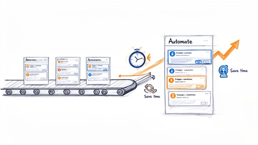 A visual metaphor of automation streamlining tasks on a conveyor belt, saving time and improving efficiency.