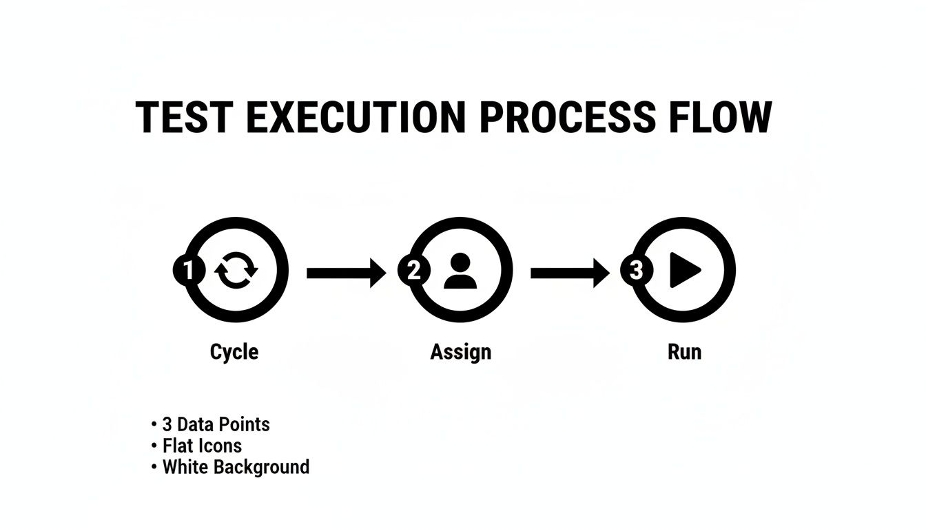 Process flow diagram outlining the three steps for test execution: Cycle, Assign, and Run.