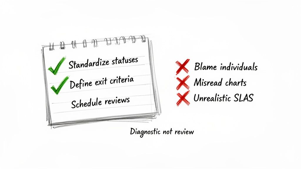 A checklist on a notepad: effective review practices with green checks and poor practices with red crosses.