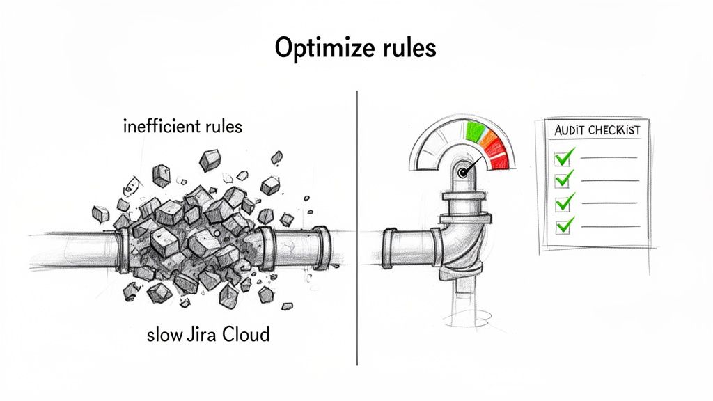 Visual comparison: Inefficient Jira rules clog a pipe, while optimized rules ensure smooth Jira Cloud performance.