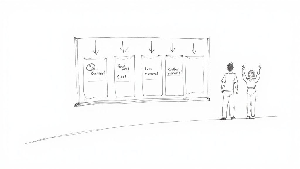 Two people observe a hand-drawn workflow board with several process columns and text.