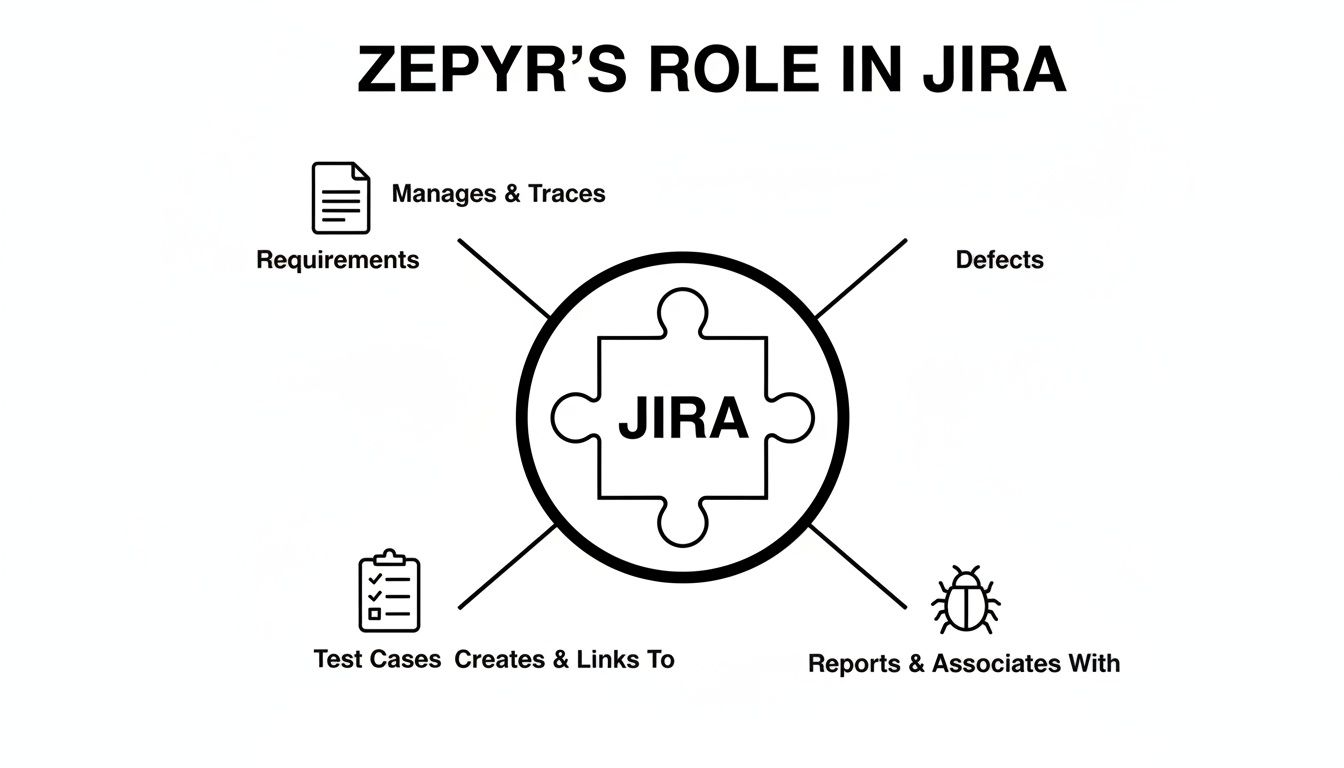 Diagram illustrating Zephyr's role in Jira, managing requirements, creating test cases, and handling defects.