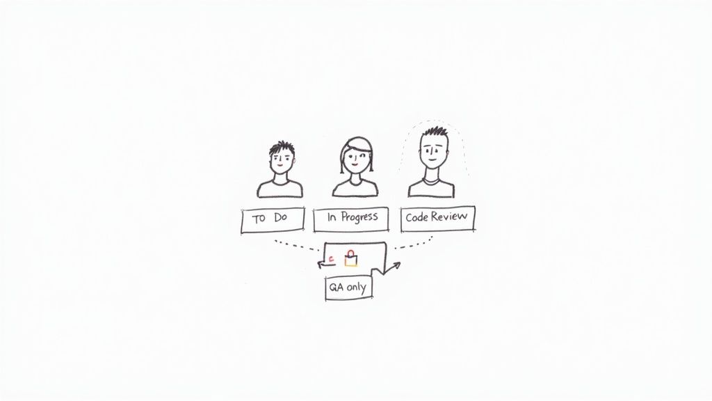 A whiteboard sketch illustrating a development workflow with 'To Do', 'In Progress', 'Code Review' stages and a locked 'QA only' step.