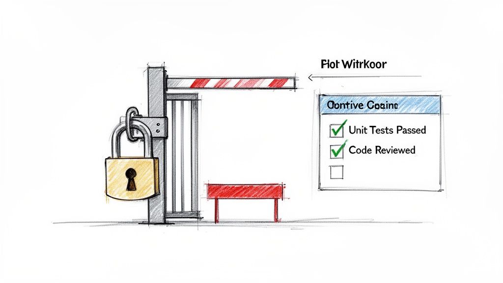Sketch of a development gate with a padlock, showing a checklist with 'Unit Tests Passed' and 'Code Reviewed'.