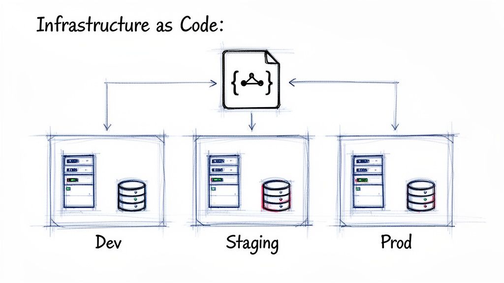 Diagram showing a single code file defining consistent server and database infrastructure for Dev, Staging, and Prod environments.