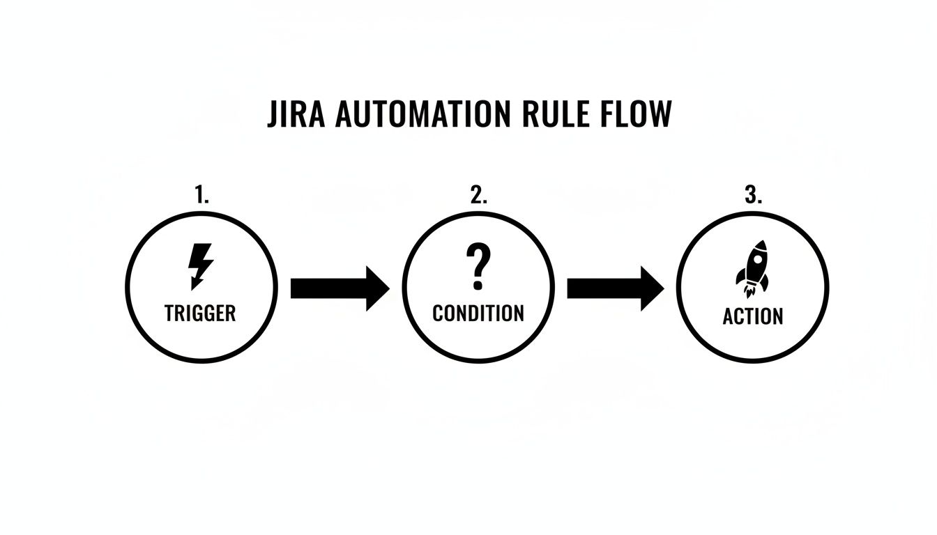 Flowchart illustrating the three steps of a Jira automation rule: trigger, condition, and action.