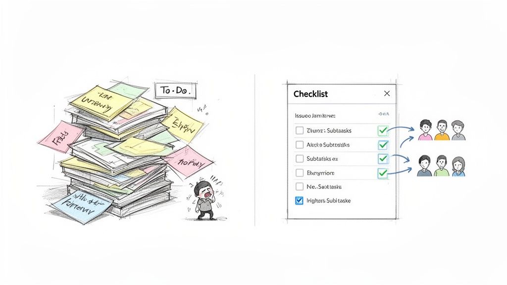Visualizing the stark contrast between overwhelming paper to-do lists and an organized digital checklist with assigned team tasks.