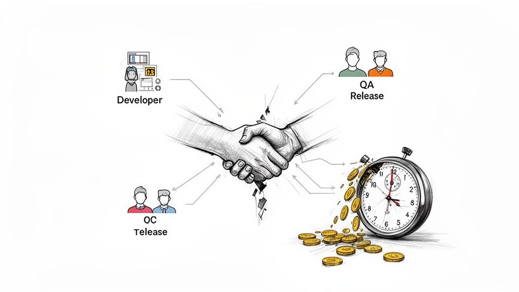 Illustration depicting developer, QA, and OC release teams collaborating, resulting in saved time and money.