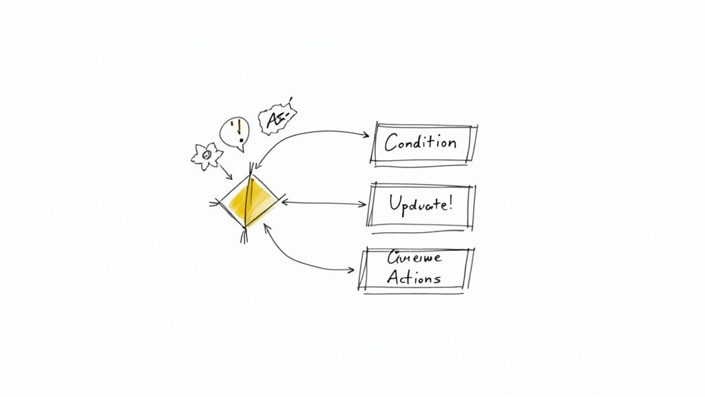 Hand-drawn workflow diagram showing a diamond decision node connected to condition, update, and action steps.