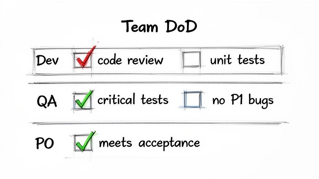A 'Team DoD' (Definition of Done) checklist showing tasks for Dev, QA, and PO with completion status.