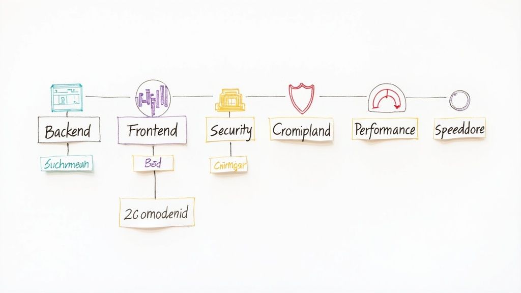 Hand-drawn diagram illustrating a horizontal flow of software development components: Backend, Frontend, Security, Performance.
