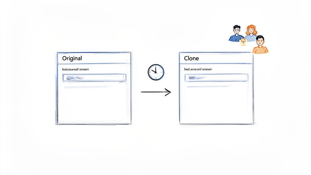 Diagram illustrating an 'Original' issue being cloned into a 'Clone' issue, showing a clock and team members.