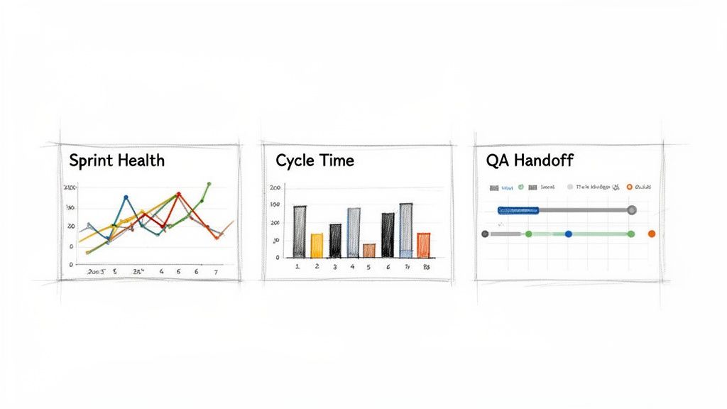A digital dashboard displays three charts: Sprint Health, Cycle Time, and QA Handoff, showing project metrics.