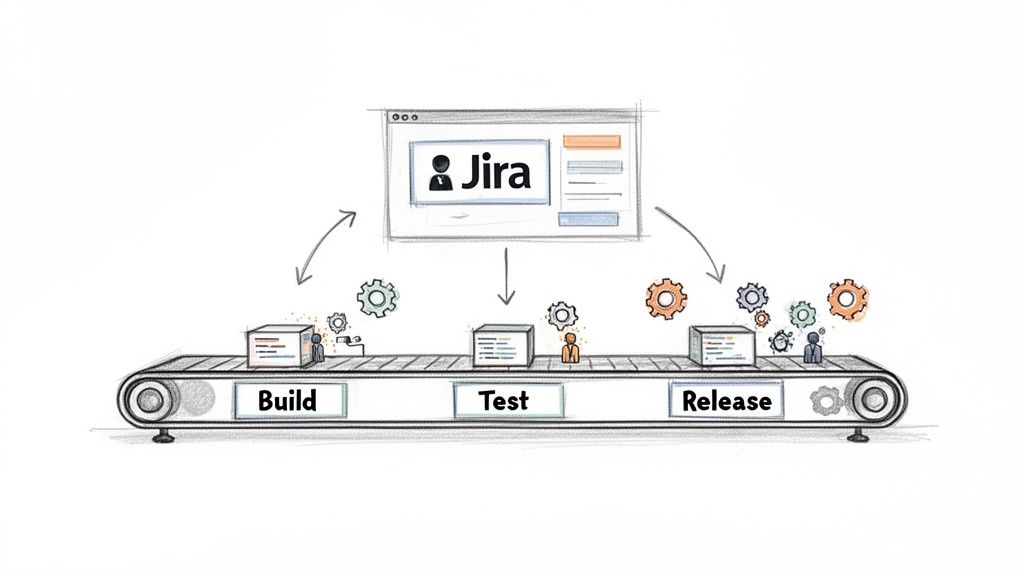 Illustration of a software deployment pipeline with Build, Test, Release stages and Jira integration.