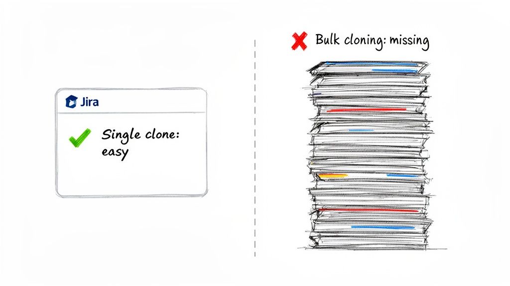 Illustration comparing Jira's easy single cloning feature with its missing bulk cloning capability for multiple issues.