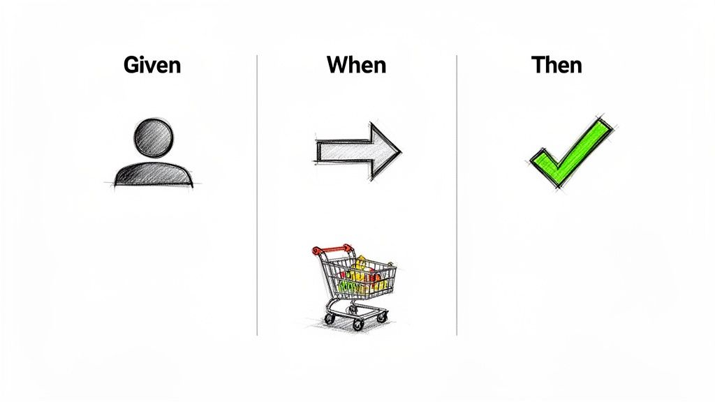 Visualizing 'Given When Then' for agile acceptance criteria: user, shopping cart, and success checkmark.