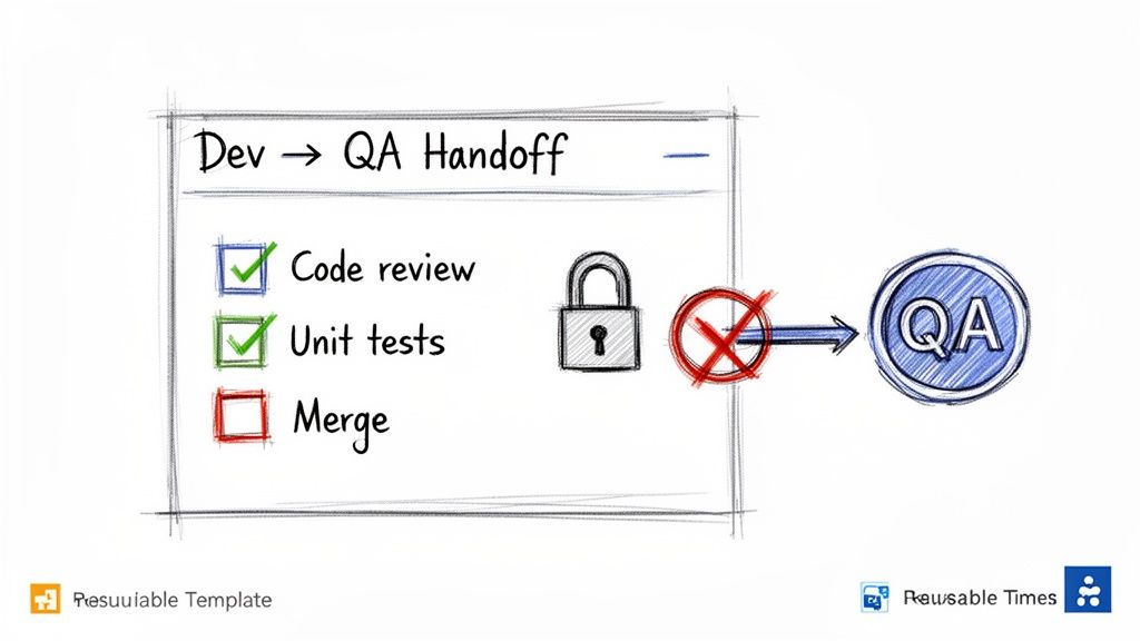 A hand-drawn checklist for Dev to QA handoff, showing merge incomplete and blocking progress to QA.