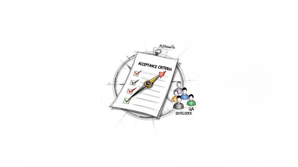 Agile acceptance criteria document with a compass pointing to achieved goals, and a development team.