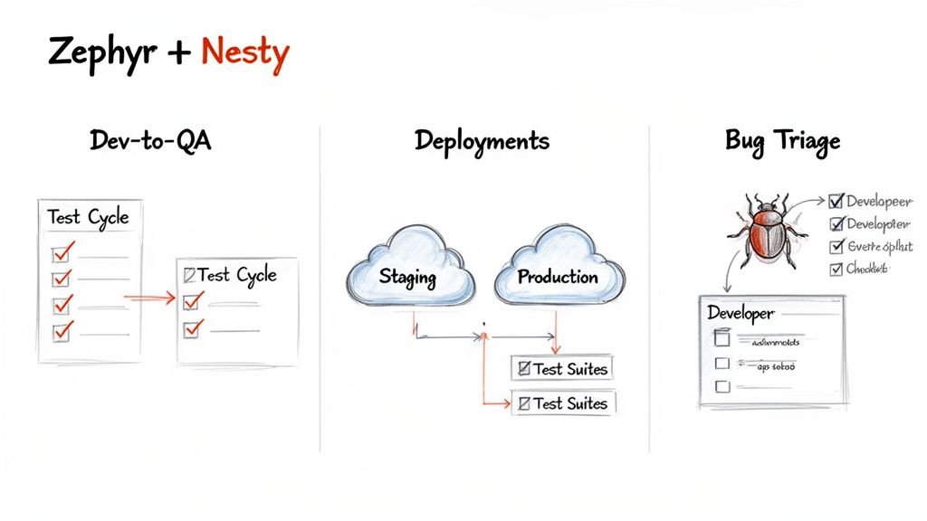 Diagram showing Zephyr and Nesty integration for Dev-to-QA, deployments, and bug triage workflows.
