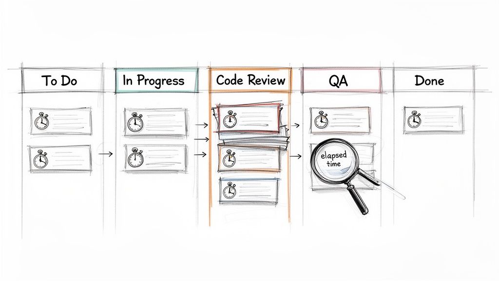 A hand-drawn Kanban board illustrating a software development workflow, showing tasks, bottlenecks, and elapsed time.