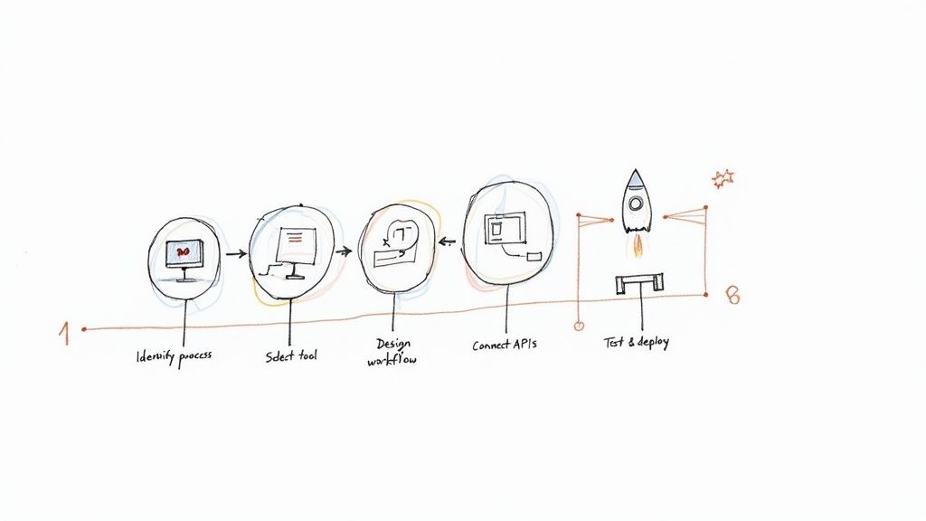 A hand-drawn flowchart illustrates a five-step process for process orchestration, ending with a rocket launch.