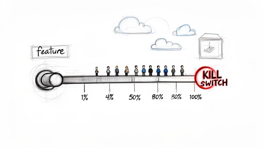 Illustration of a feature rollout progress bar with users at different percentages and a kill switch.