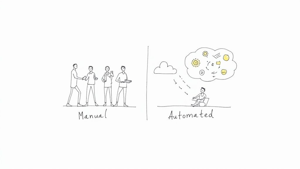 Hand-drawn image illustrating the contrast between manual workflows with people and automated processes with a system.
