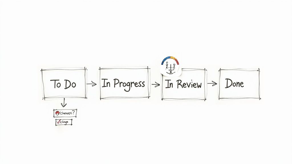 A hand-drawn workflow diagram illustrating 'To Do', 'In Progress', 'In Review', and 'Done' stages, with a sub-process for 'changes'.