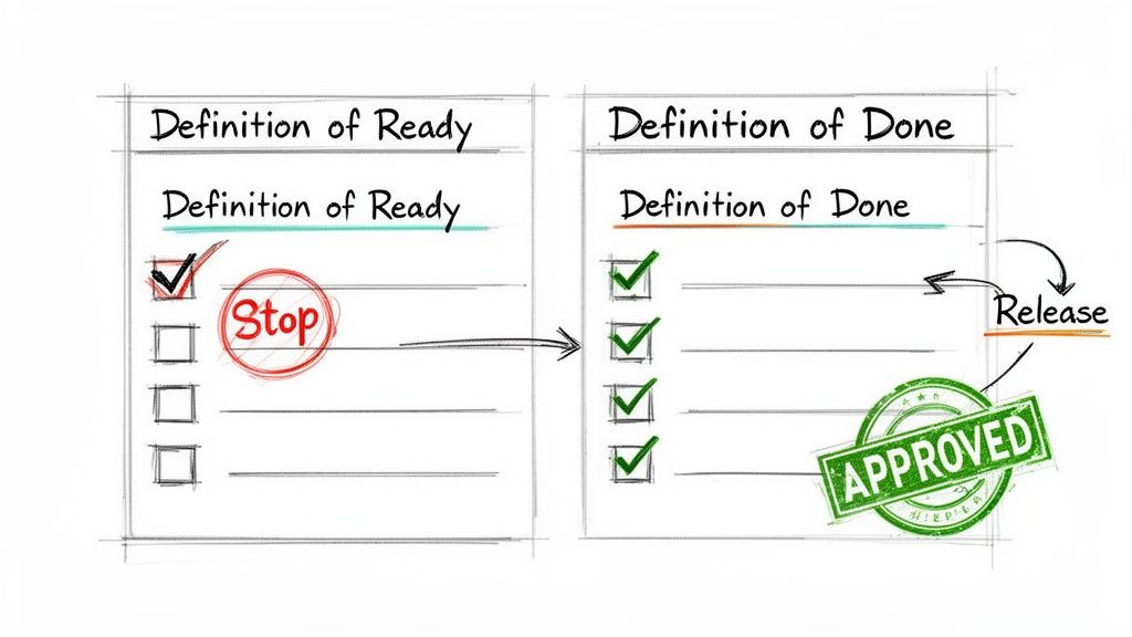 Two checklists, 'Definition of Ready' and 'Definition of Done', illustrating a project workflow with approval and release.