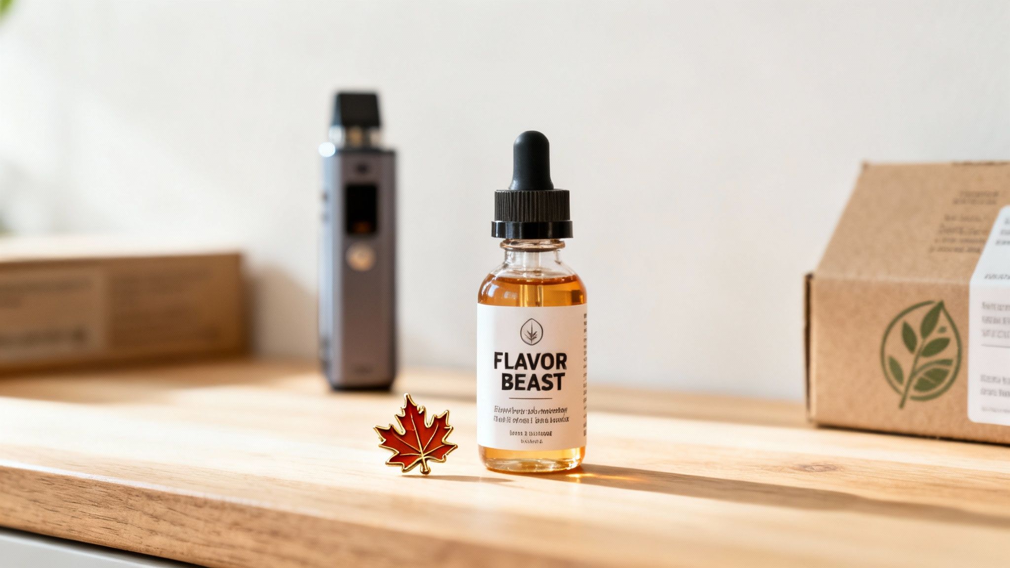 A Flavor Beast vape juice bottle, a red maple leaf pin, and a vape mod on a wooden surface.