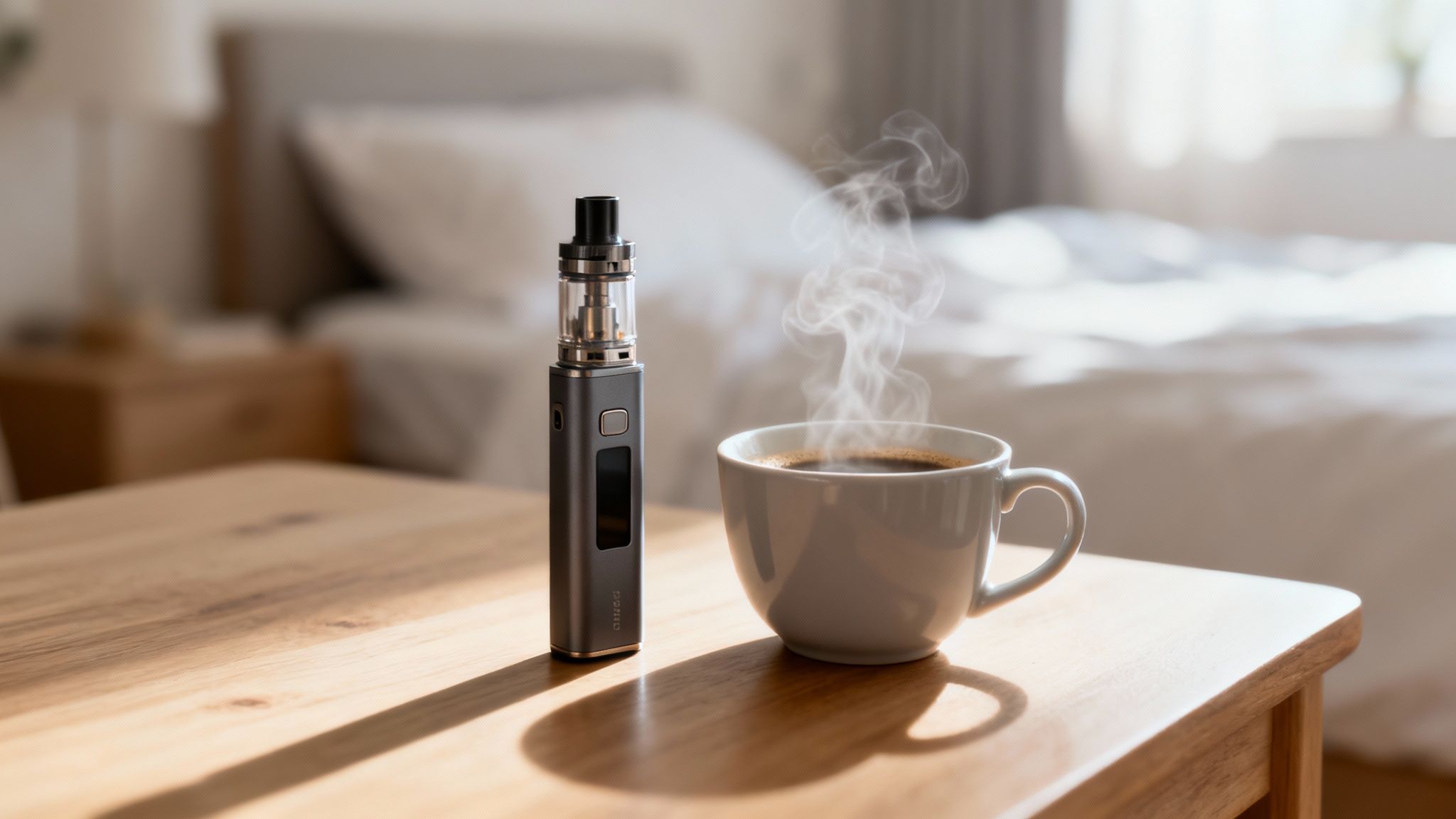 A sleek vape pen and a steaming coffee mug on a wooden table in a sunny bedroom.