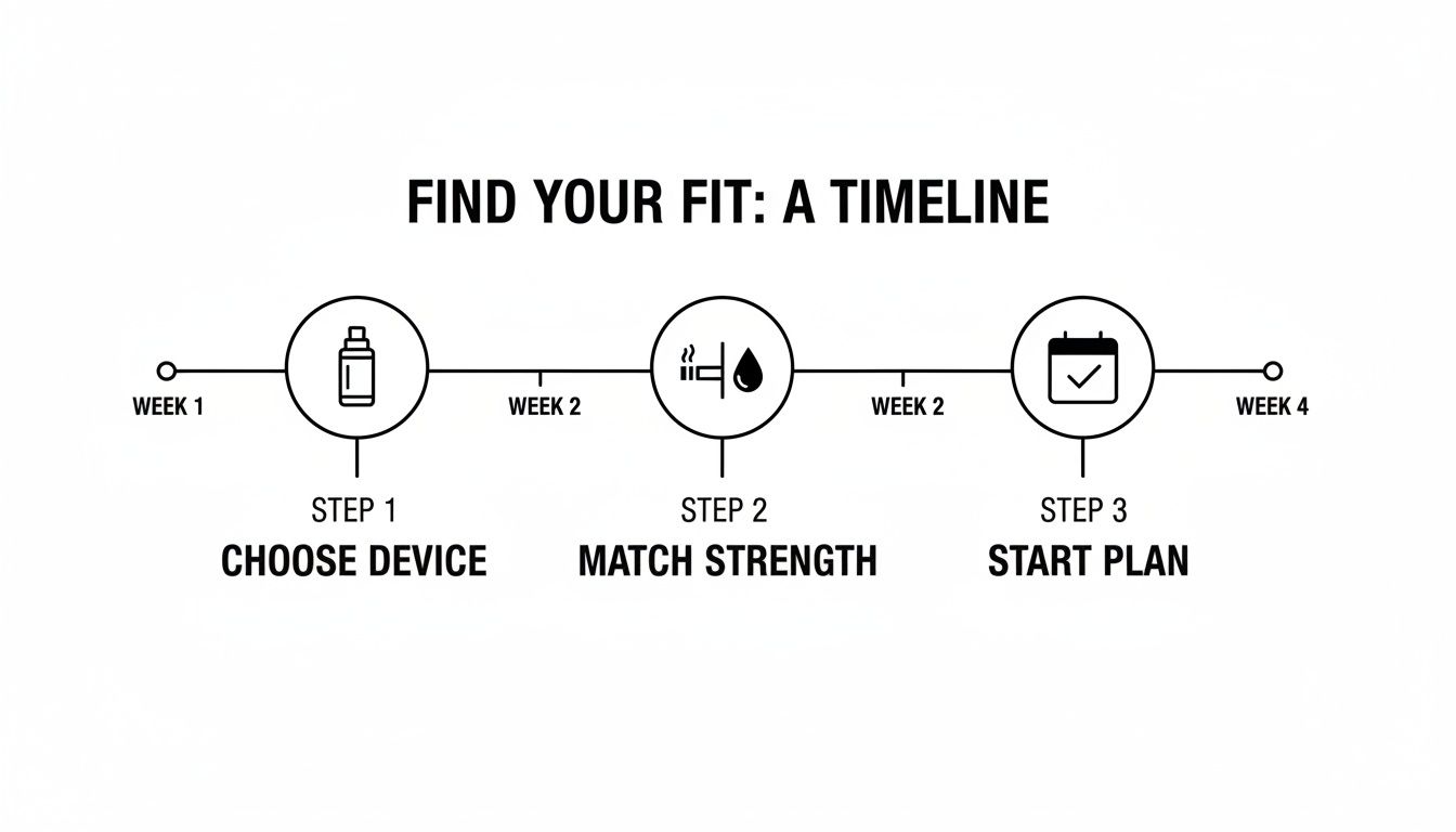 A timeline graphic titled 'FIND YOUR FIT: A TIMELINE' showing three steps: Choose Device, Match Strength, and Start Plan, from Week 1 to Week 4.