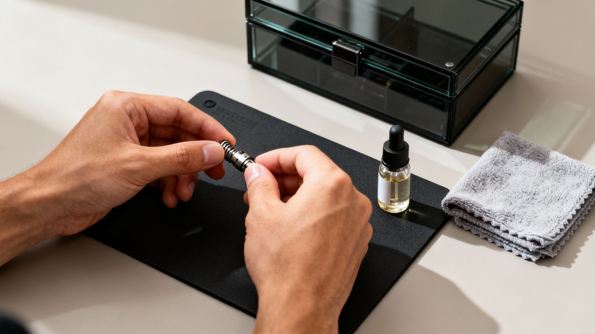 Close-up of hands assembling a metallic vape component with a spring on a black mat, alongside oil and a cloth.